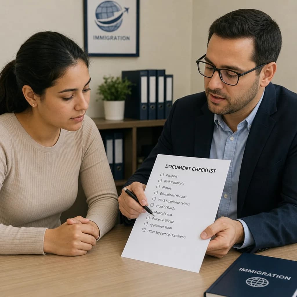 Applicant and immigration representative reviewing a document checklist
